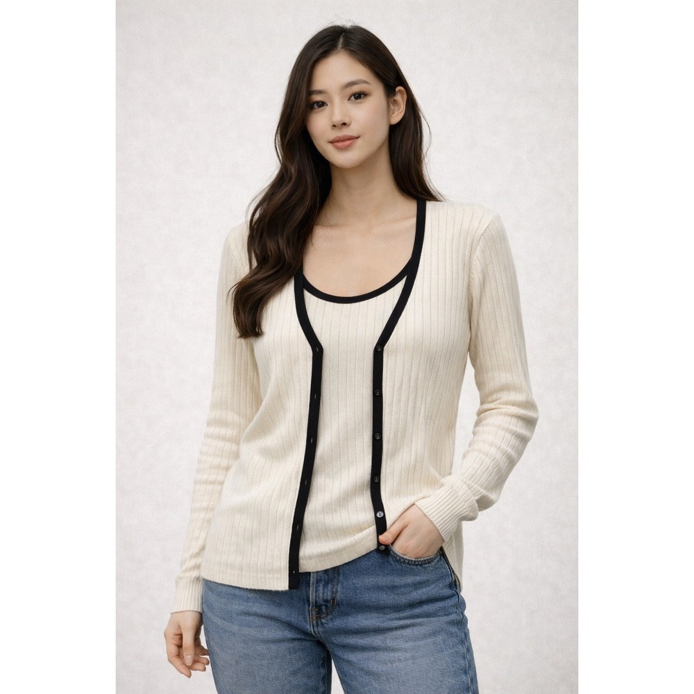 Villager‎ Liz Claiborne Cream Ribbed Knit Cardigan and Tank Twin Set Size 1